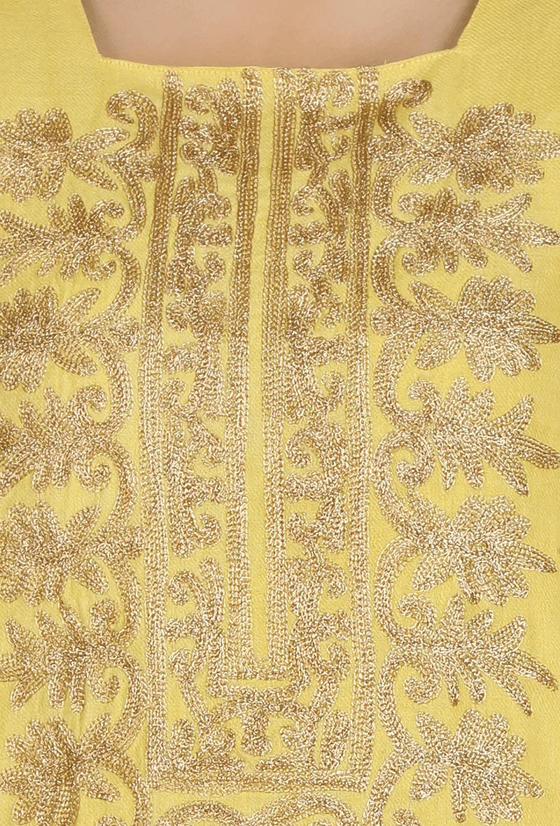 Yellow Aari Zari Embroidered Semi Pashmina Kurta