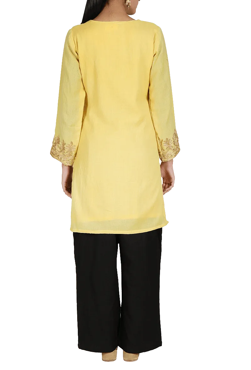 Yellow Aari Zari Embroidered Semi Pashmina Kurta