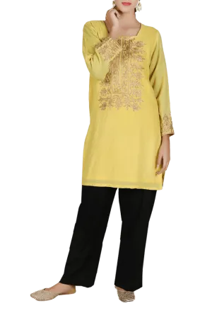 Yellow Aari Zari Embroidered Semi Pashmina Kurta