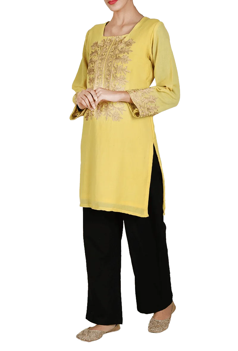 Yellow Aari Zari Embroidered Semi Pashmina Kurta