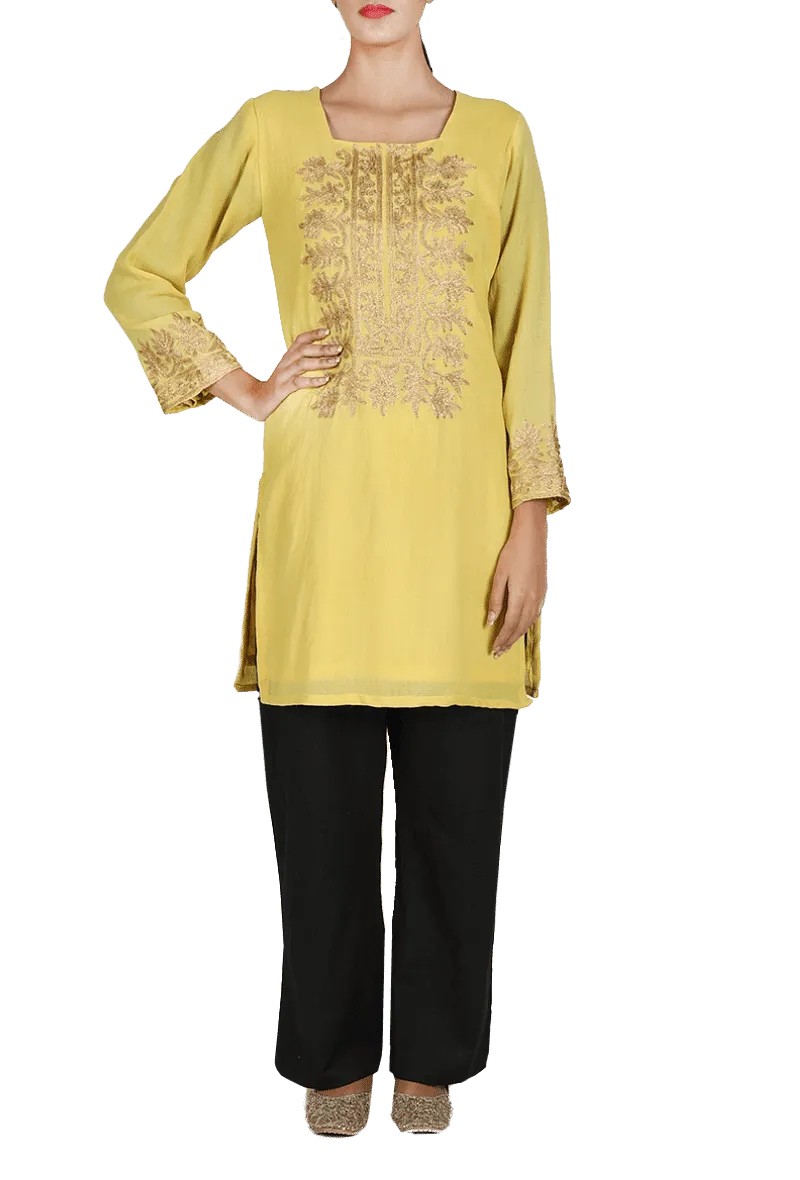 Yellow Aari Zari Embroidered Semi Pashmina Kurta